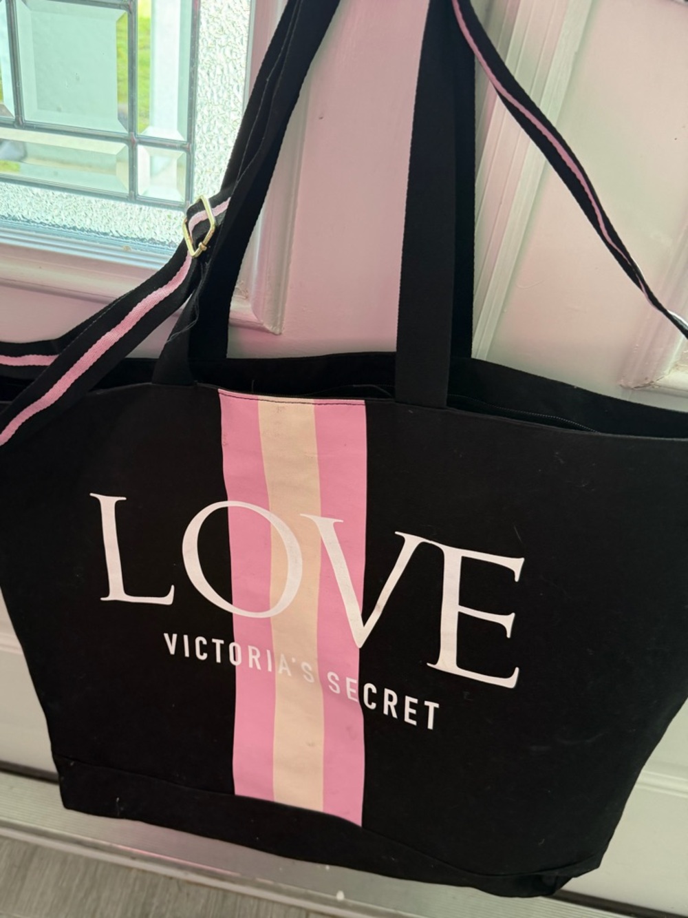 Victoria's Secret LOVE Black & Pink Stripe Tote Bag